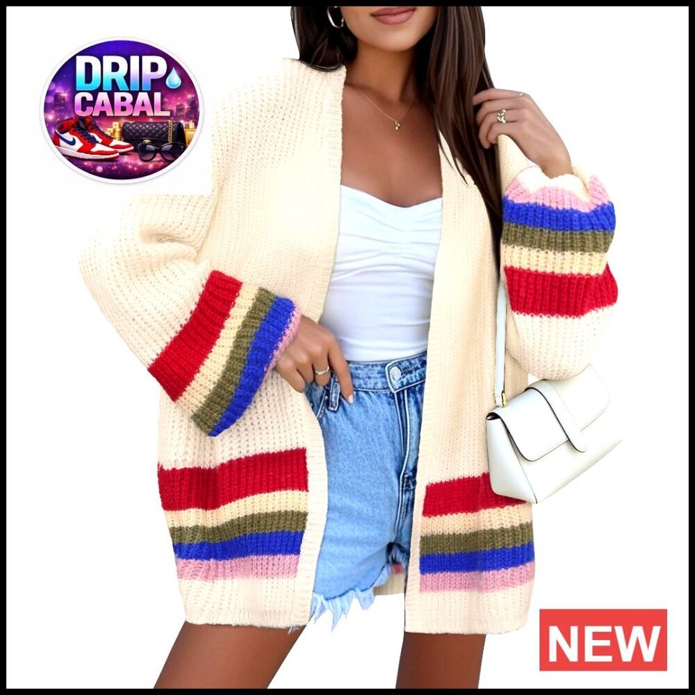 Oversized Striped Cardigan Long Lantern Sleeve Knit Open Front Sweater